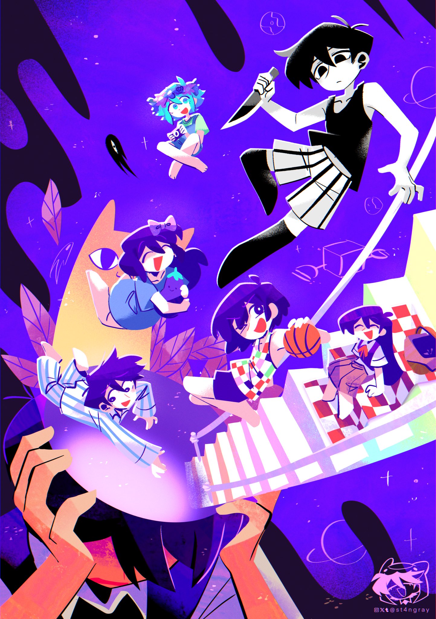 2girls, 5boys, :d, ;d, \||/, ^_^, ahoge, antenna_hair