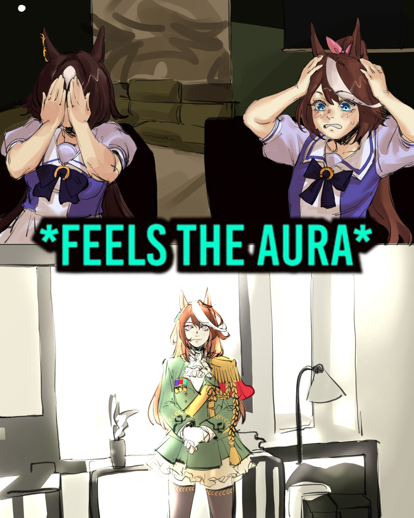 absurdres, covering_face, feels_the_aura_(meme), hands_on_own_head, highres, lamp, looking_at_viewer, medal, meme, own_hands_together, ribbon, school_uniform, sirius_symboli_(umamusume), surprised, symboli_rudolf_(emperor's_path)_(umamusume), symboli_rudolf_(umamusume), tashvaliant, thigh-highs, tokai_teio_(umamusume), tracen_school_uniform, umamusume