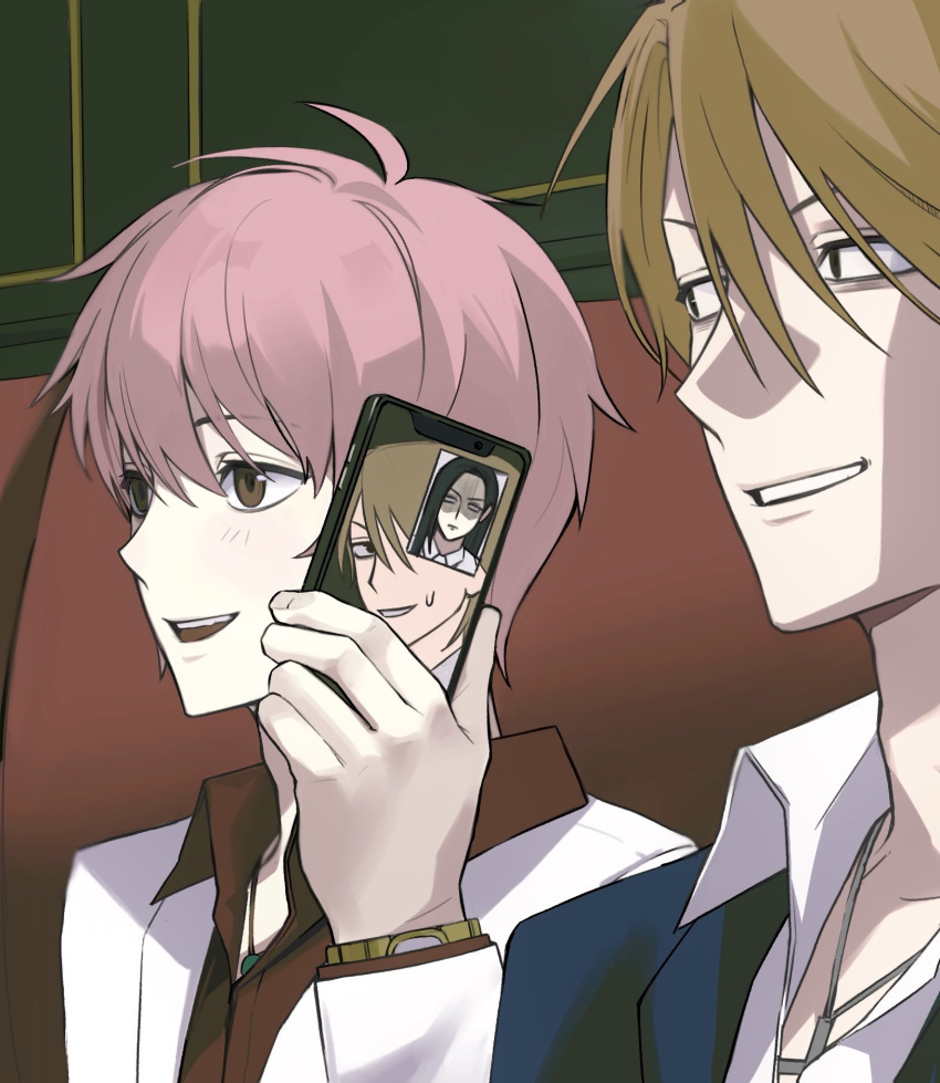 3boys, awkward, bags_under_eyes, bangdung, black_eyes, black_hair, blank_eyes, blue_jacket, brown_eyes, brown_hair, cellphone, double-parted_bangs, everyday_host, fang, grin, hair_between_eyes, hand_up, highres, holding, holding_phone, jacket, jewelry, koichi_(everyday_host), lapels, light_blush, long_sleeves, looking_ahead, looking_to_the_side, louis_(everyday_host), male_focus, man_looks_at_himself_on_someone's_phone_(meme), meme, multiple_boys, necklace, open_collar, open_mouth, pale_skin, phone, pink_hair, portrait, red_shirt, ryoichi_(everyday_host), sanpaku, shirt, short_hair, smartphone, smile, suit_jacket, sweatdrop, tareme, turn_pale, video_call, watch, watch, white_jacket, white_shirt, wing_collar