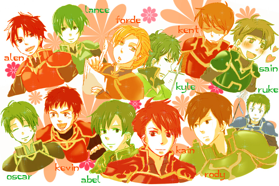 6+boys, abel_(fire_emblem), alen_(fire_emblem), armor, blue_armor, brown_hair, cain_(fire_emblem:_shadow_dragon), character_name