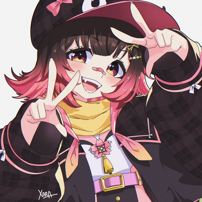 1girl, absurdres, bandaid, bandaid_on_face, bandaid_on_nose, bow, brown_hair, double_v