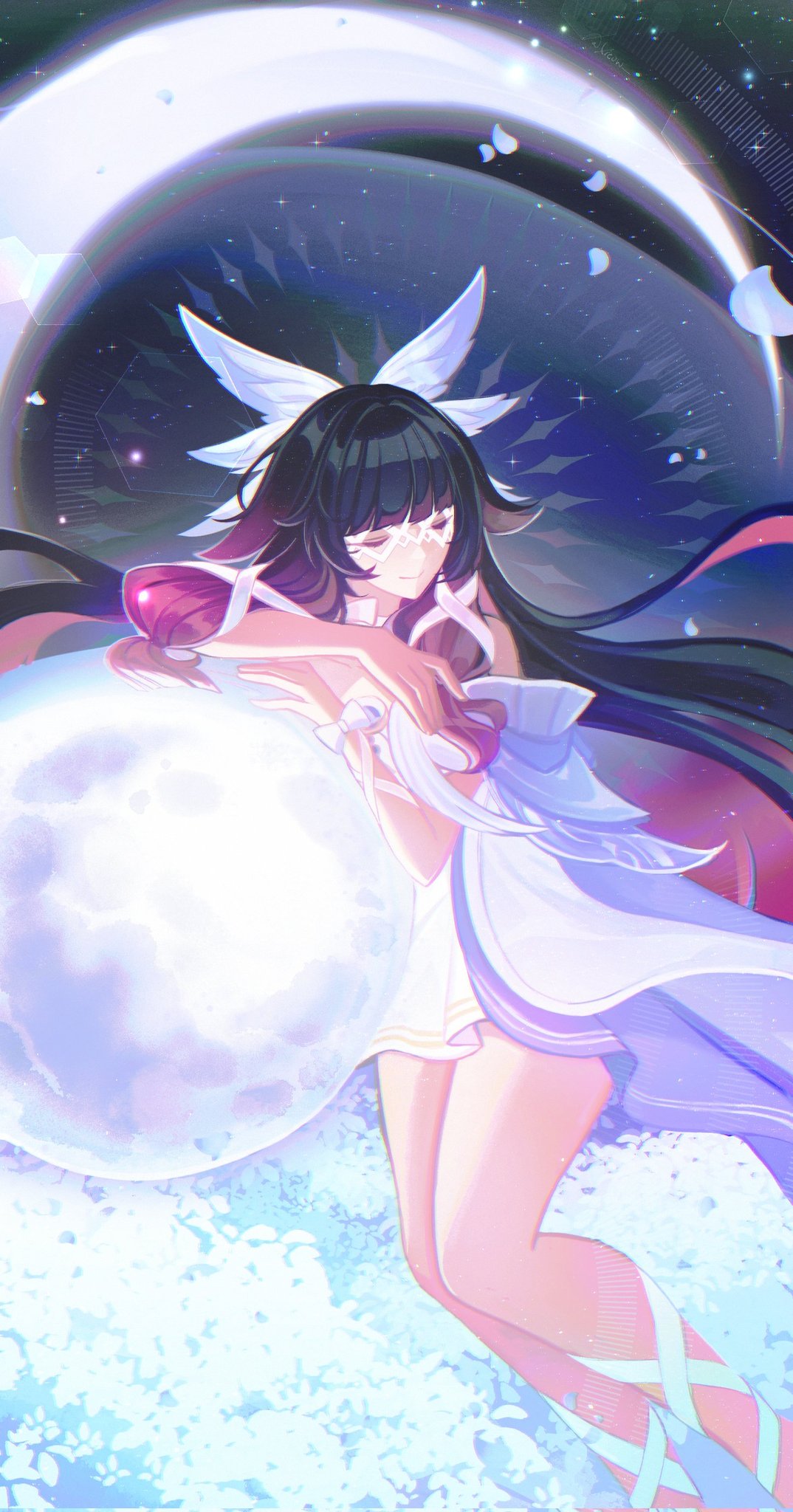 1girl, albedo_(xieow), black_hair, bow, closed_eyes, closed_mouth, colored_inner_hair, columbina_(genshin_impact)