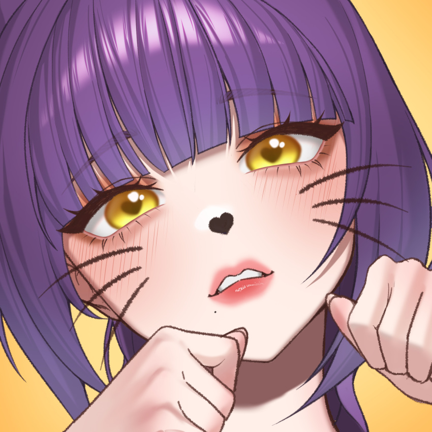 1girl, absurdres, animal_nose, blunt_bangs, chloria77, commentary_request, commission, drawn_nose, drawn_whiskers, eyelashes, hands_up, heart-shaped_nose, highres, lips, looking_at_viewer, mole, mole_under_mouth, original, parted_lips, paw_pose, portrait, purple_hair, short_hair, simple_background, solo, yellow_background, yellow_eyes