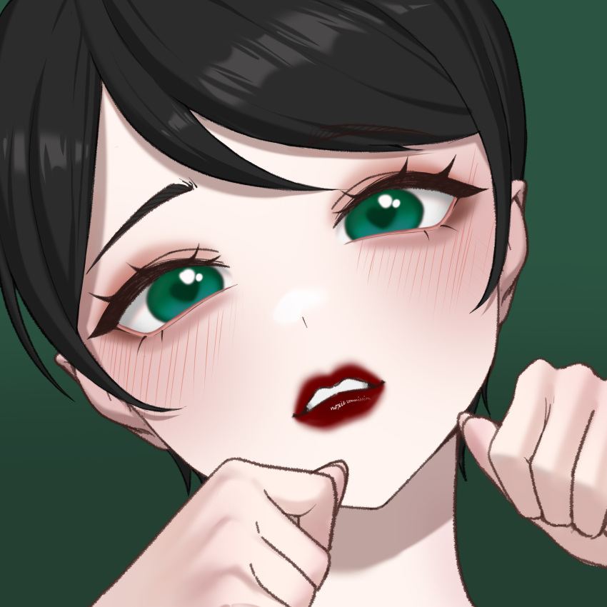 1girl, absurdres, black_hair, chloria77, commentary_request, commission, eyelashes, green_background