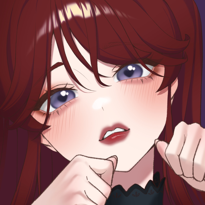 1girl, absurdres, chloria77, commentary_request, commission, eyelashes, hair_between_eyes, hands_up