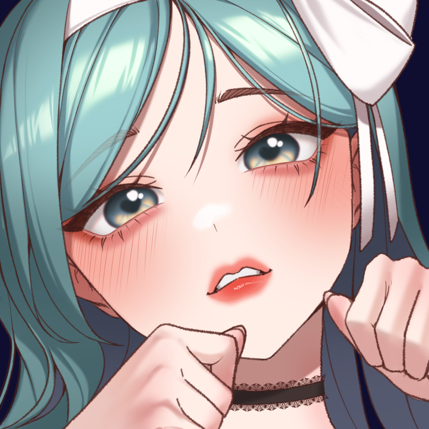 1girl, absurdres, black_choker, blue_background, blue_eyes, blue_hair, chloria77, choker