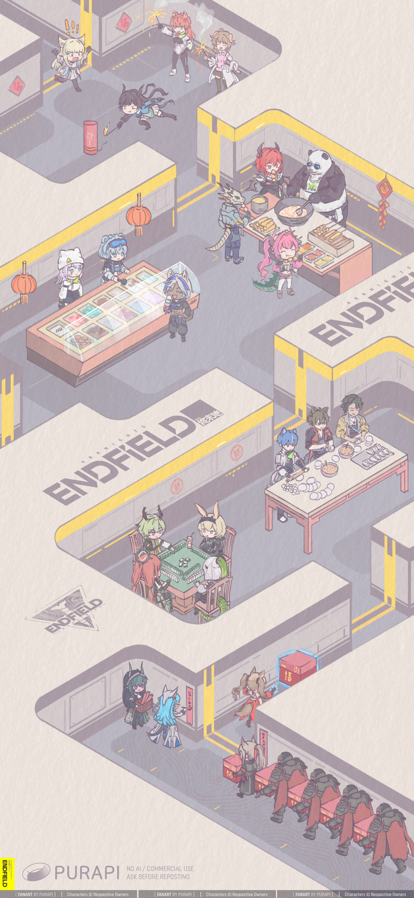 !, !!, 6+boys, 6+girls, absurdres, akekuri_(arknights), alesh_(arknights), angelina_(arknights), animal_ear_headwear, animal_ears, antal_(arknights), arclight_(arknights), ardelia_(arknights), arknights, arknights:_endfield, artist_name, aurora_(arknights), avywenna_(arknights), beanie, bear_boy, black_hair, blonde_hair, blue_dress, blue_hair, box, carrying, catcher_(arknights), chair, chen_qianyu_(arknights), chibi, chibi_only, closed_eyes, closed_mouth, coat, commentary_request, cooking, copyright_name, copyright_notice, cup, da_pan_(arknights), dark-skinned_female, dark_skin, dress, drinking_straw, eating, ember_(arknights), estella_(arknights), eyjafjalla_(arknights), fireworks, floating, floating_object, fluorite_(arknights), food, from_below, furry, furry_male, gilberta_(arknights), gloves, goggles, goggles_on_head, green_hair, grey_hair, hat, hellagur_(arknights), high_ponytail, highres, holding, holding_box, holding_fireworks, holding_food, holding_ice_cream, hood, hood_up, horns, humanoid_robot, ice_cream, ice_cream_cone, indoors, jacket, laevatain_(arknights), last_rite_(arknights), leotard, lifeng_(arknights), long_hair, long_sleeves, looking_at_another, looking_at_object, mahjong, mahjong_table, mahjong_tile, multicolored_hair, multiple_boys, multiple_girls, on_chair, open_clothes, open_jacket, open_mouth, pants, perlica_(arknights), pink_hair, pogranichnik_(arknights), ponytail, purapi, red_hair, robot, running, short_hair, sitting, skirt, smile, snowshine_(arknights), sparkler, standing, sunglasses, surtr_(arknights), table, tail, two-tone_hair, veil, very_dark_skin, walking, wulfgard_(arknights), xaihi_(arknights), yvonne_(arknights)