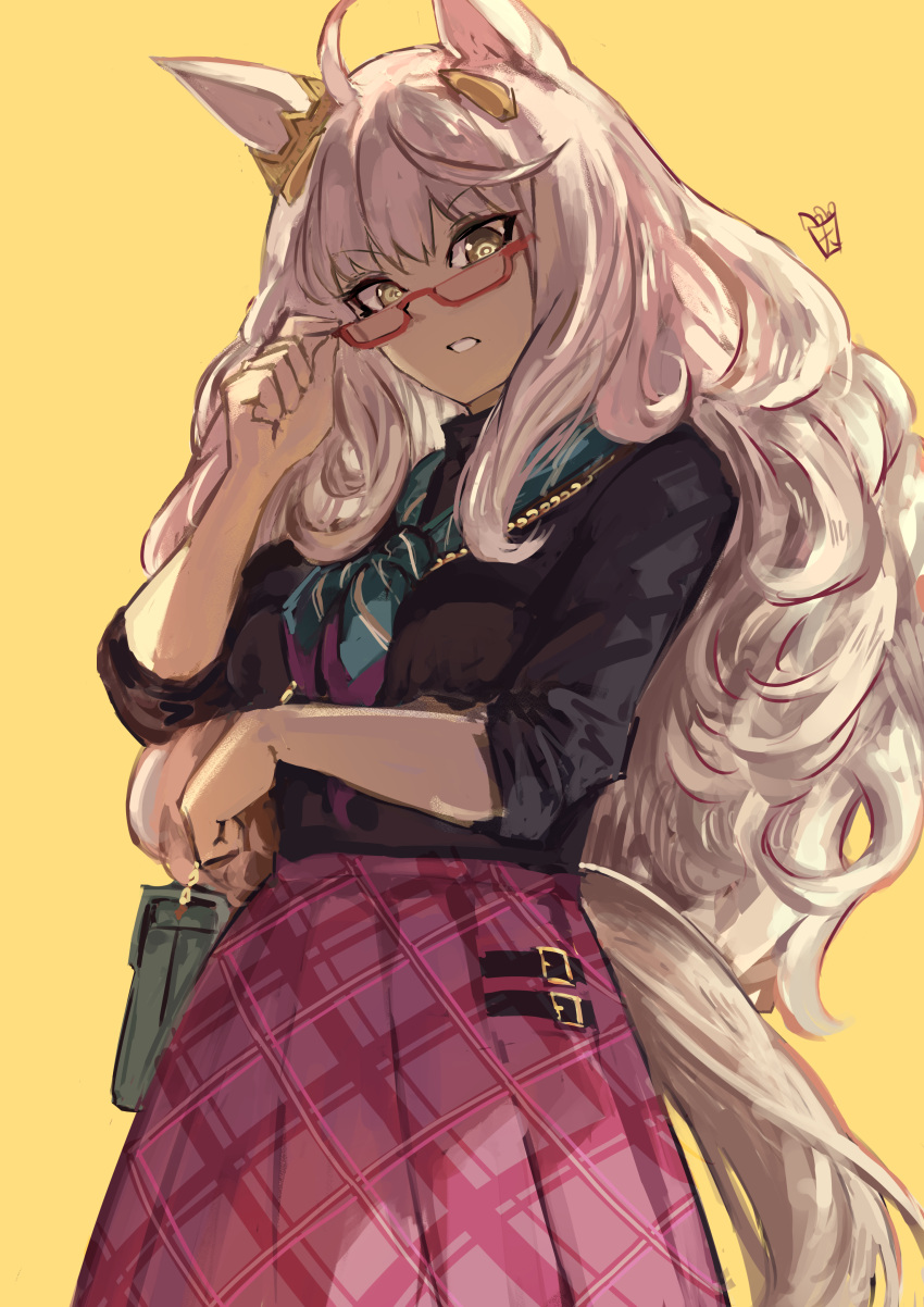 absurdres, ahoge, animal_ears, bag, biwa_hayahide_(casual)_(umamusume), biwa_hayahide_(umamusume), black_shirt, blue_necktie