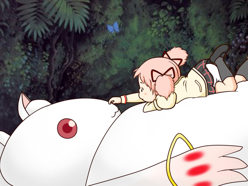 blush, blush_stickers, child, kaname_madoka, kyubey, lying, mahou_shoujo_madoka_magica, panties
