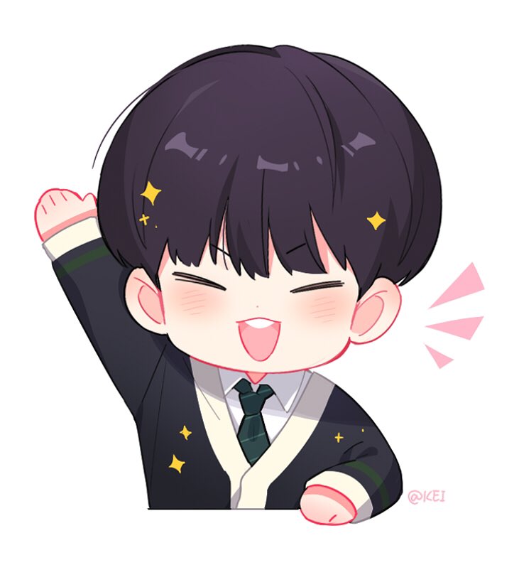 1boy, arm_up, black_hair, blush, cardigan, chibi, collared_shirt, hashtag-only_commentary, hoshi_(seventeen), kei_(momojellyfish), male_focus, necktie, seventeen_(group), shirt, short_hair, simple_background, smile, solo, sparkle, white_background, white_shirt