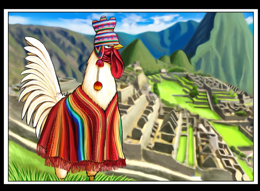 bird, chicken, hat, highres, incan, keiji_(niwatori_fighter), machu_picchu, mountain