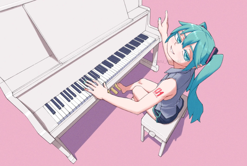 1girl, adapted_costume, aqua_eyes, aqua_hair, bare_arms, barefoot, black_shorts, from_above