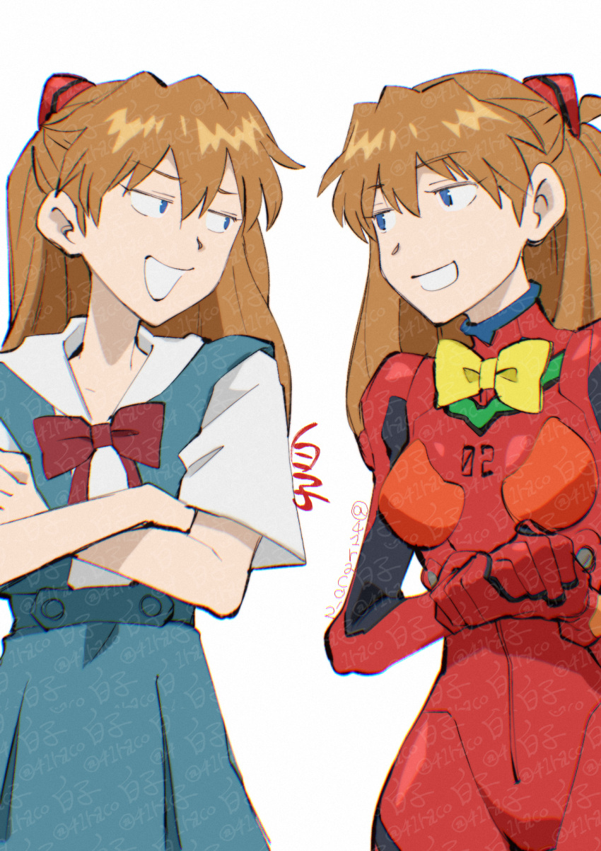 2girls, :d, artist_name, blue_eyes, blue_skirt, bodysuit, bow, bowtie