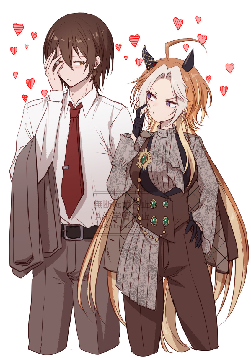 1boy, 1girl, ahoge, animal_ears, black_gloves, blue_eyes, breasts, brown_eyes