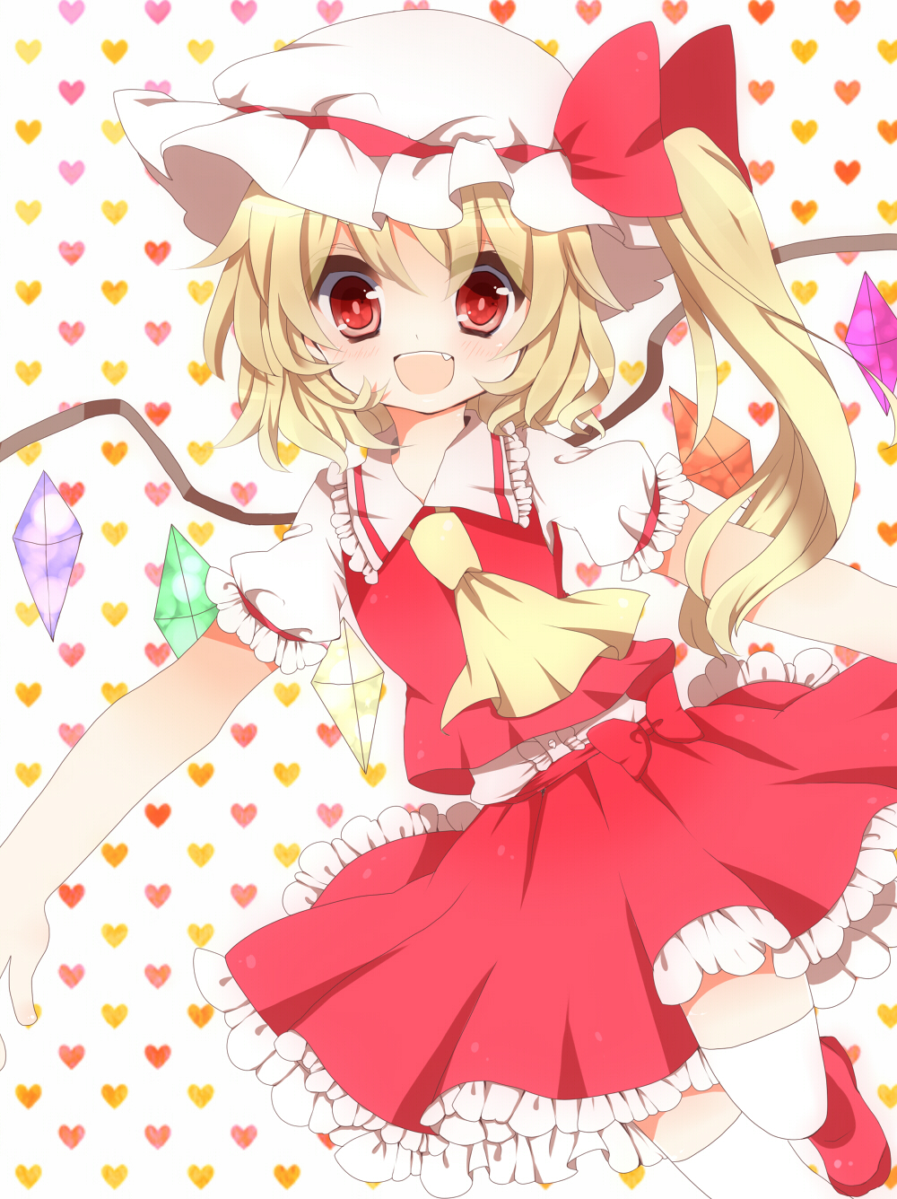 ascot, blonde_hair, blush, flandre_scarlet, hat, highres, open_mouth, red_eyes