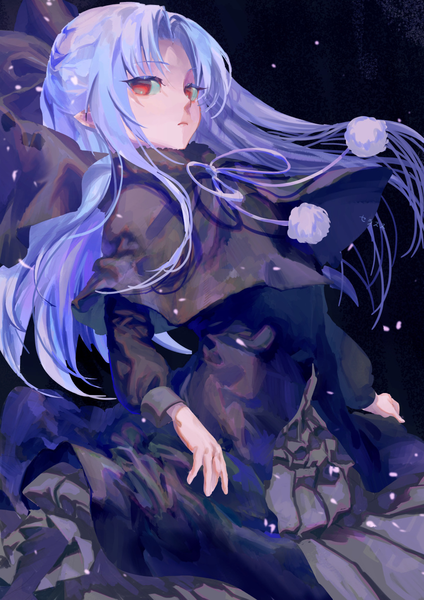 1girl, absurdres, black_dress, black_ribbon, blue_hair, commentary_request, commission, dark_background