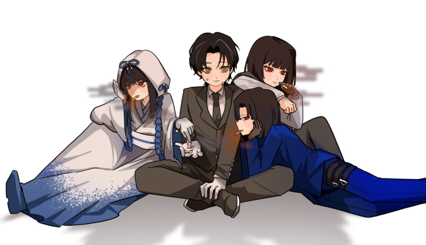 1boy, 3girls, araya_(project_moon), black_hair, black_necktie, black_pants, black_shoes, black_suit, blue_pants, blue_shoes, blue_suit, camo_mile_nflow, cigarette, commentary_request, dihui_star, gloves, highres, holding, holding_cigarette, japanese_clothes, kimono, korean_commentary, limbus_company, long_sleeves, looking_at_viewer, mother_and_daughter, mouth_hold, multicolored_hair, multiple_girls, necktie, pants, project_moon, red_eyes, rien_(project_moon), ryoshu_(project_moon), shadow, shiomi_yoru_(project_moon), shoes, simple_background, spoilers, streaked_hair, suit, white_background, white_gloves, white_kimono, yellow_eyes