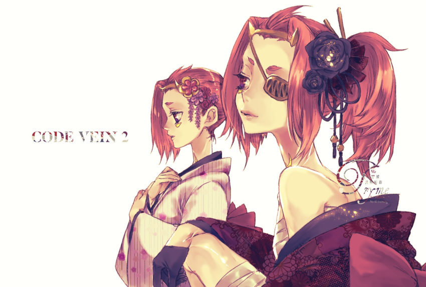 2girls, black_gloves, code_vein_ii, commentary_request, copyright_name, eyepatch, from_side, gisi2nowaki, gloves, hand_on_own_chest, highres, japanese_clothes, josee_anjou, kimono, lise_anjou, looking_down, multiple_girls, off_shoulder, orange_hair, orange_theme, parted_lips, ponytail, red_eyes, red_kimono, sarashi, short_eyebrows, short_hair, siblings, simple_background, sisters, upper_body, white_kimono