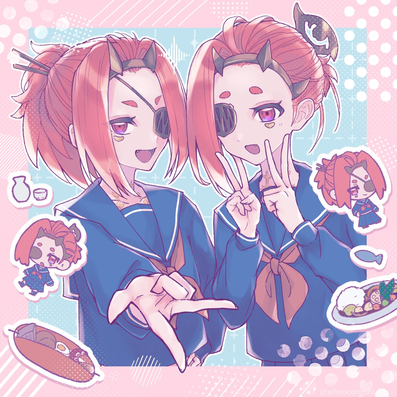 2girls, :d, alternate_costume, blue_sailor_collar, blue_serafuku, blue_shirt, border, character_sticker, code_vein_ii, commentary_request, double_v, eyepatch, fangs, hair_ornament, hair_stick, highres, josee_anjou, lise_anjou, looking_at_viewer, mtm_(xihoooongshi), multiple_girls, neckerchief, orange_eyes, orange_hair, pink_border, ponytail, red_neckerchief, sailor_collar, school_uniform, serafuku, shirt, short_eyebrows, short_hair, siblings, sidelocks, sisters, smile, sticker, twins, upper_body, v