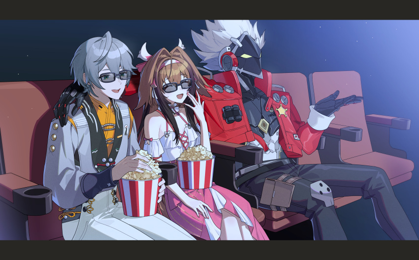 1girl, 2boys, absurdres, artist_request, billy_kid, black_pants, brown_hair, chair