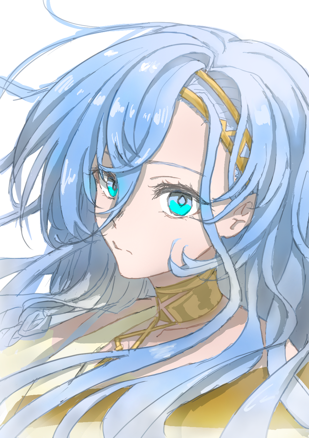 1girl, 37_(reverse:1999), bare_shoulders, blue_eyes, blue_hair, closed_mouth, commentary, gold_choker