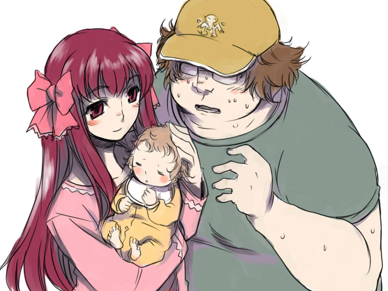 amane_suzuha, baby, bad_id, bow, brown_hair, crossover, dream_c_club, glasses