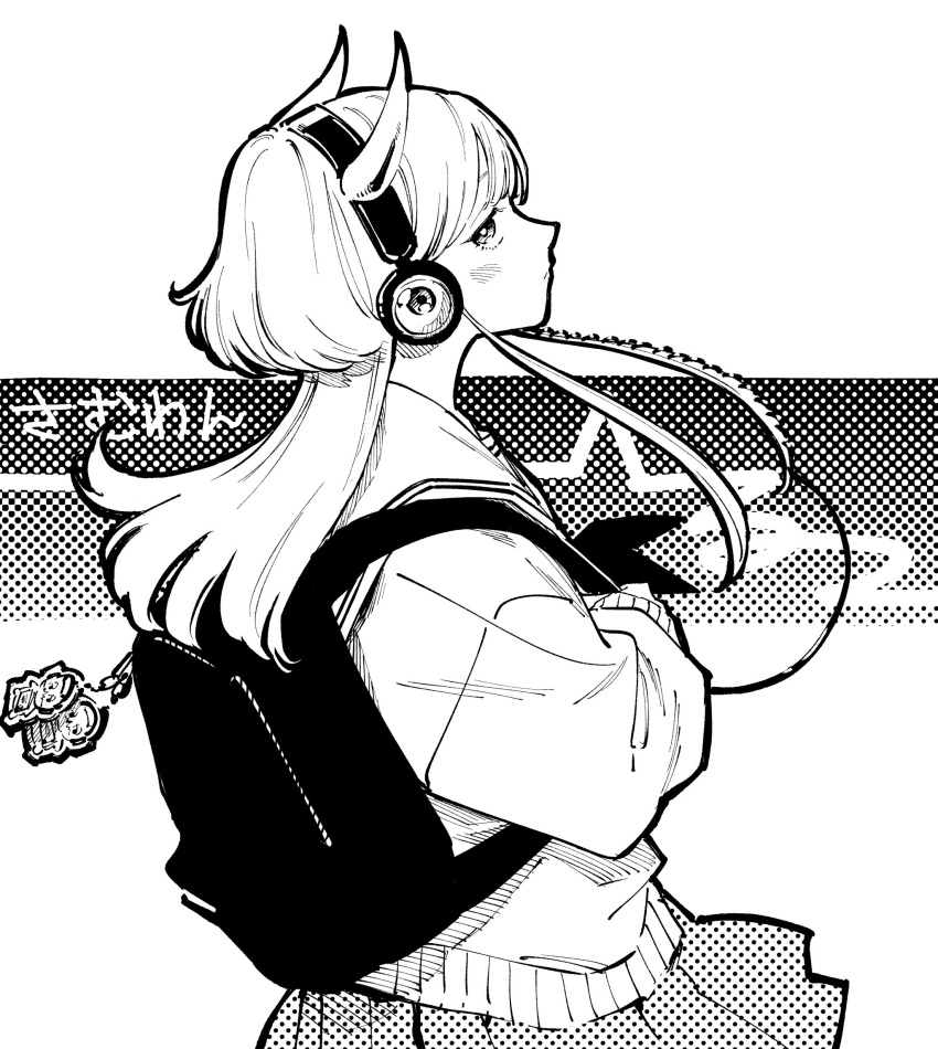 1girl, backpack, bag, blush, commentary_request, demon_horns, expressionless, greyscale