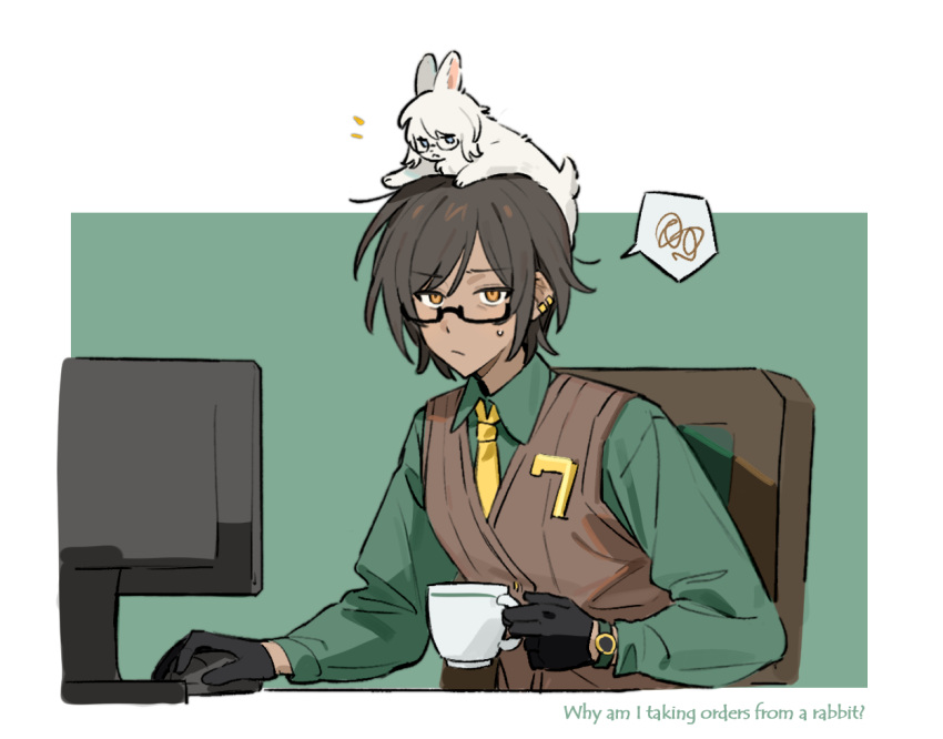 1girl, animalization, black_gloves, brown_hair, brown_vest, chair, closed_mouth, collared_shirt