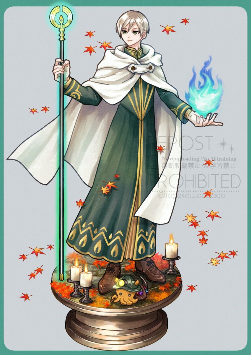 1boy, absurdres, autumn_leaves, blue_fire, border, brown_shoes, candle, cape
