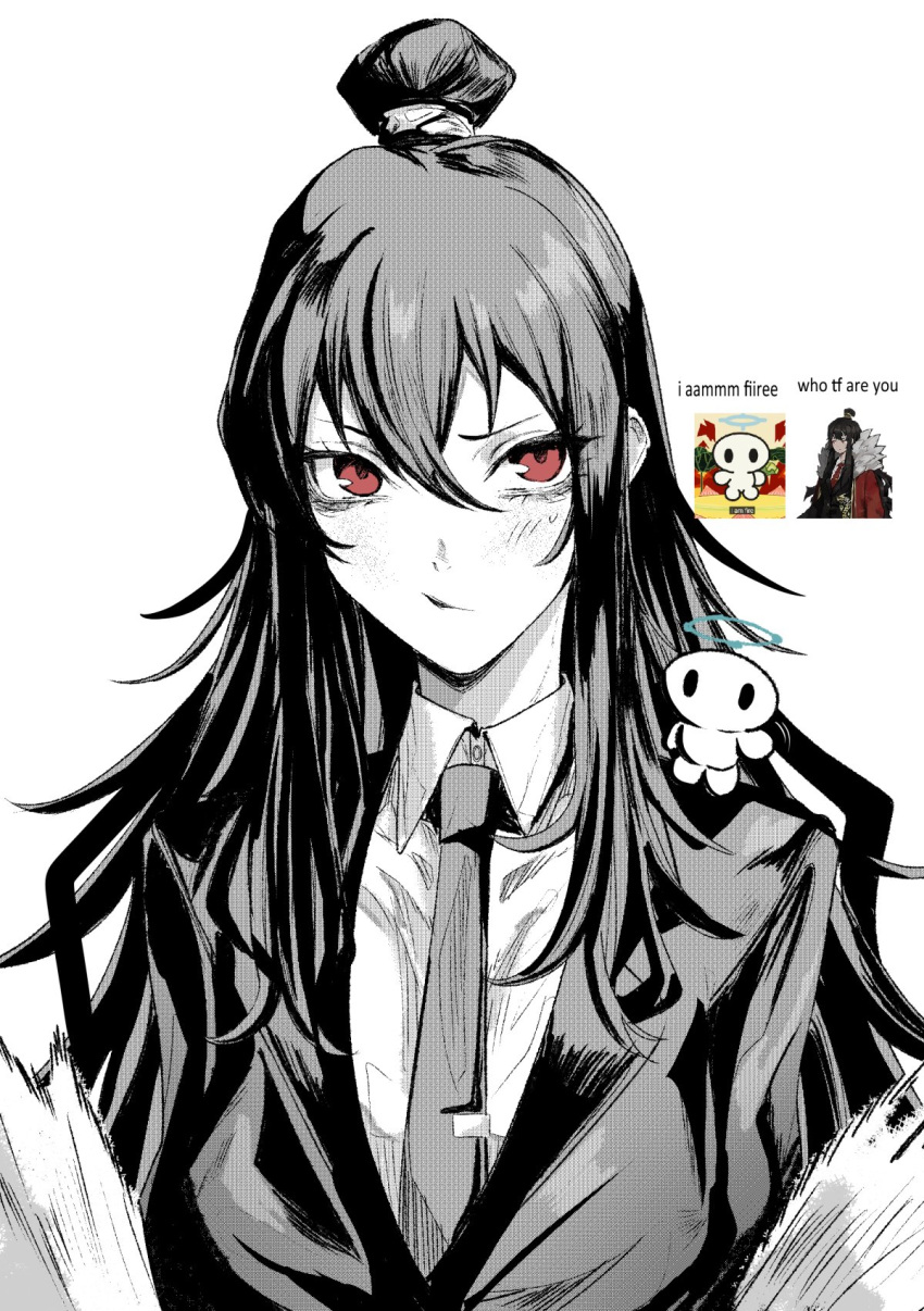 1girl, 1other, closed_mouth, collared_shirt, commentary, english_commentary, english_text, greyscale
