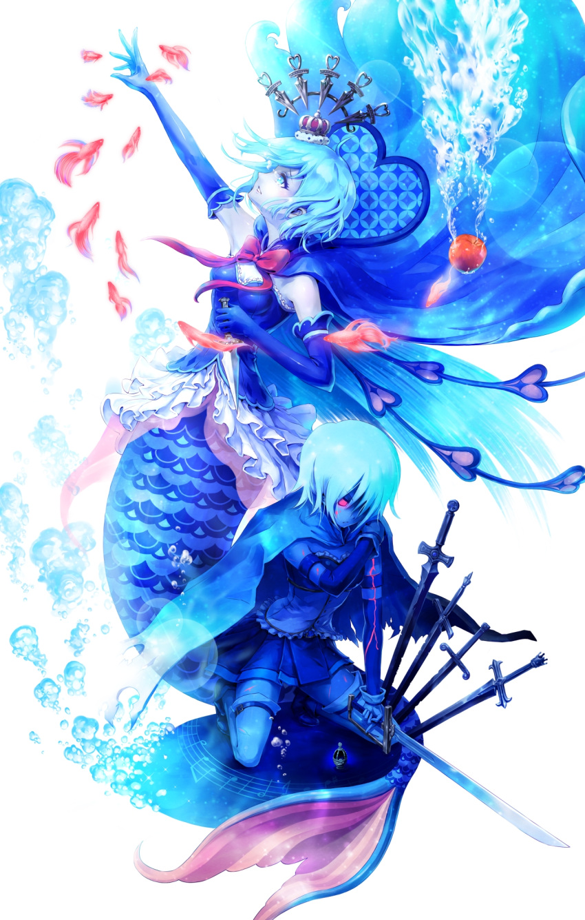 apple, arm_up, blood, blue_hair, bow, bubble, cape, crown