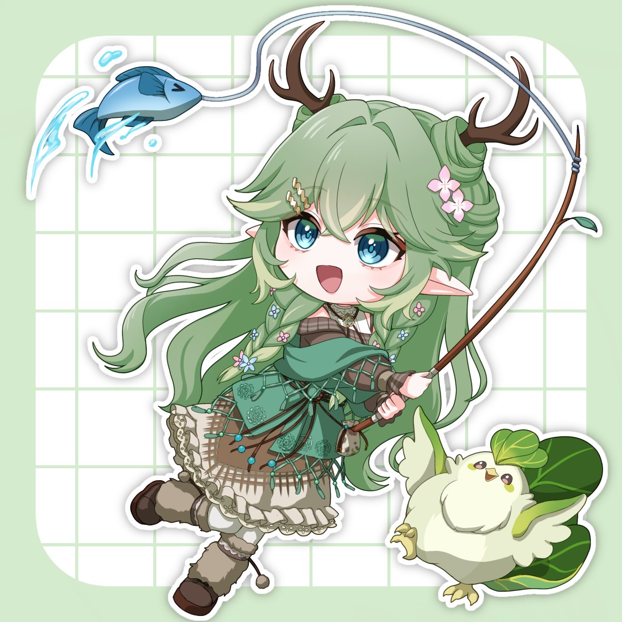 1girl, :d, antlers, bawk_choy_(indy_brambles), bird, blue_eyes, boots, braid