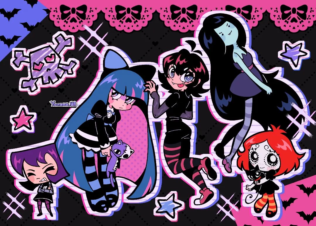 5girls, adventure_time, black_background, border, crossover, doom_kitty, gazlene_membrane, honekoneko_(psg)