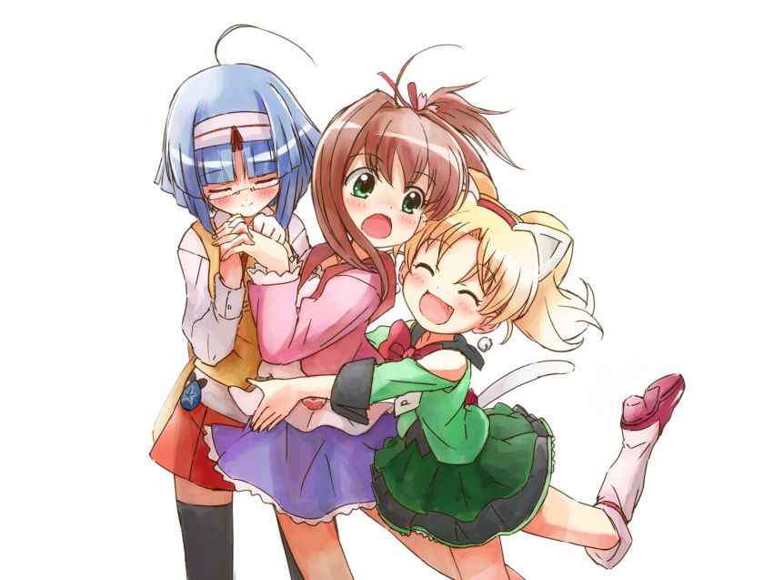 :o, ahoge, animal_ears, blonde_hair, blue_hair, blush, boots, bow