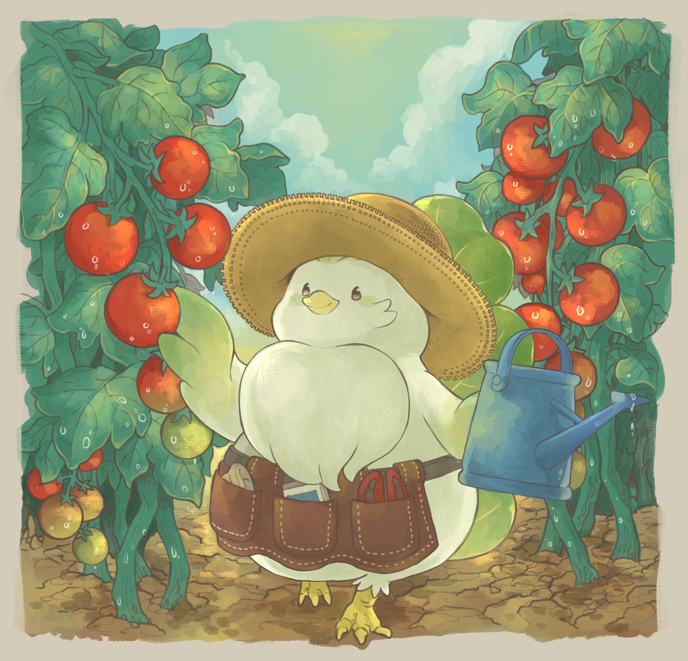 animal, bawk_choy_(indy_brambles), bird, border, brown_hat, chicken, closed_mouth, clothed_animal