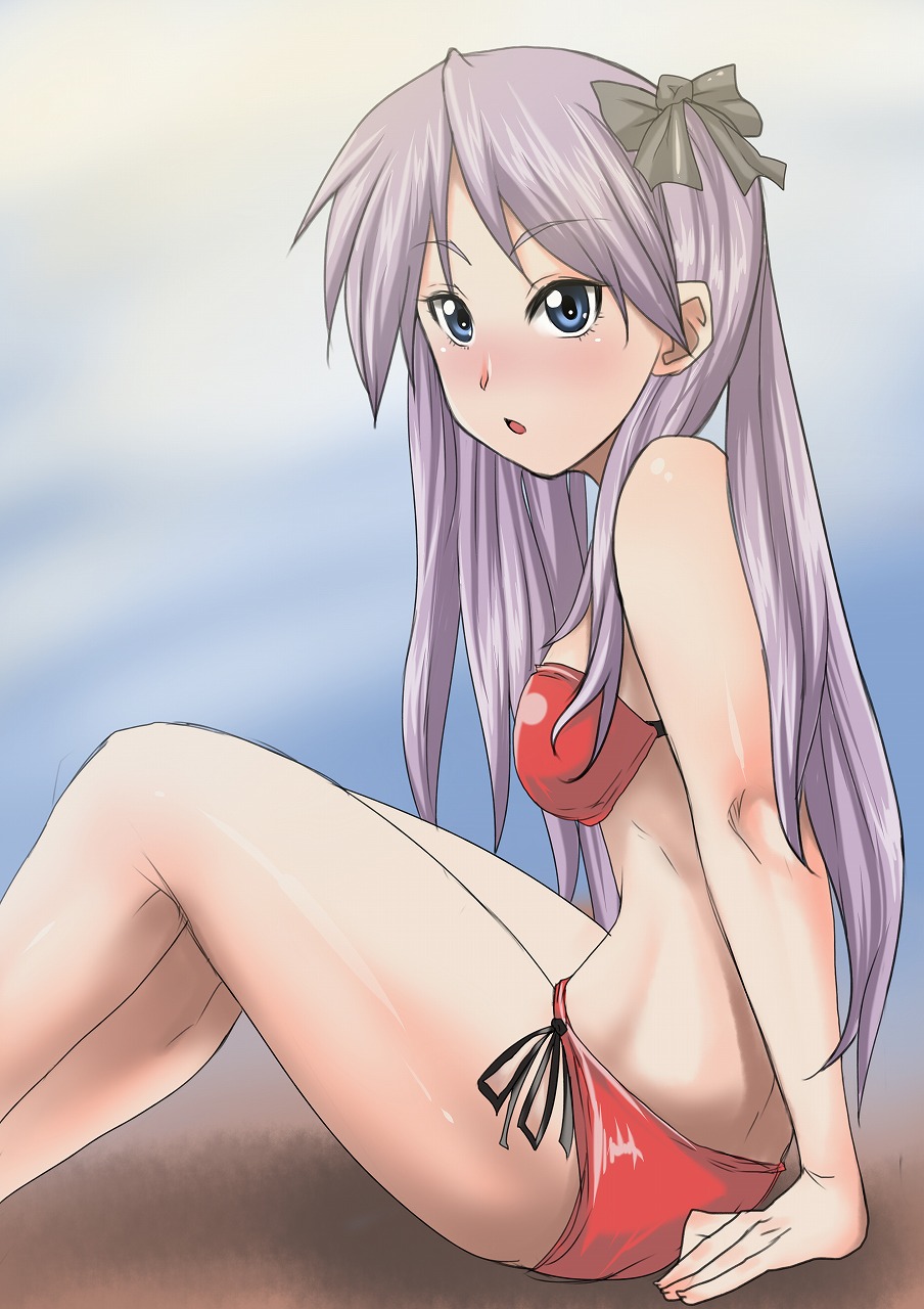 bikini, blue_eyes, cholesenel, highres, hiiragi_kagami, long_hair, lucky_star, purple_hair, swimsuit, twintails