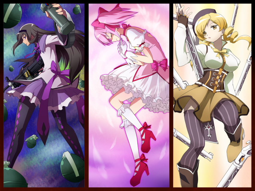 :o, akemi_homura, argyle, argyle_legwear, beret, black_hair, blonde_hair, boots