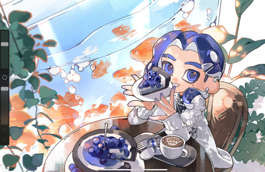 1boy, aquarium, art_program_in_frame, blue_eyes, blue_pupils, blueberry, blueberry_pie, chair, coffee, coffee_mug, commentary, cup, dessert, eggykoo0821, eyebrow_cut, fish, food, fork, fruit, goldfish, highres, latte_art, looking_at_viewer, male_focus, mole, mole_under_mouth, mug, octoling, octoling_boy, octoling_player_character, on_chair, pie, sitting, smile, solo, splatoon_(series), spoon, table, tentacle_hair, thick_eyebrows, untranslatable_commentary, water, white_background