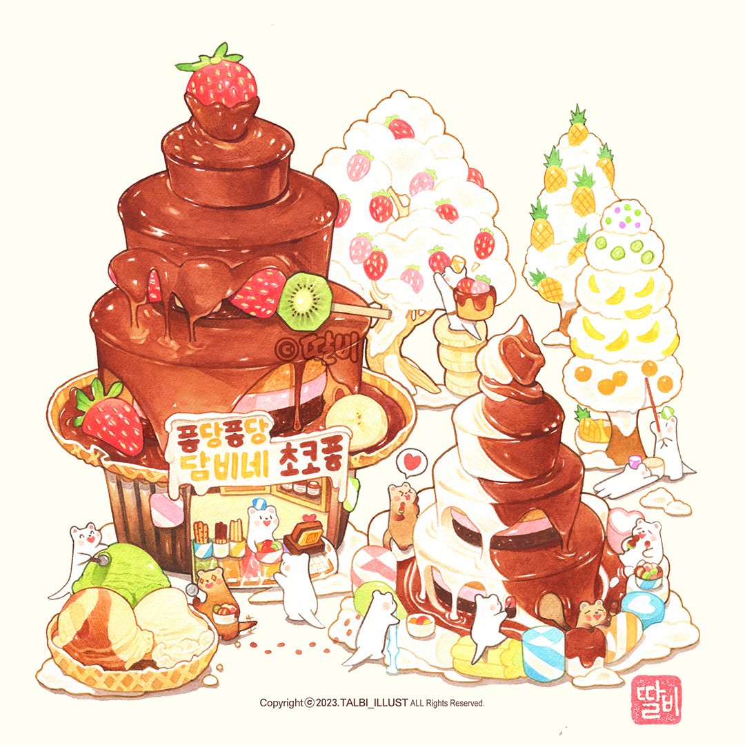 +_+, animal, banana, chibi, chibi_only, chocolate, chocolate-covered_food, chocolate_fountain, commentary_request, copyright_logo, eating, food, fruit, heart, heart-shaped_mouth, holding_ice_cream_scoop_(utensil), ice_cream, ice_cream_scoop_(utensil), kiwi_(fruit), kiwi_slice, korean_commentary, logo, no_humans, orange_(fruit), original, oversized_food, oversized_object, picking_fruit, pineapple, simple_background, spoken_heart, strawberry, talbi, tree, watermark, white_background