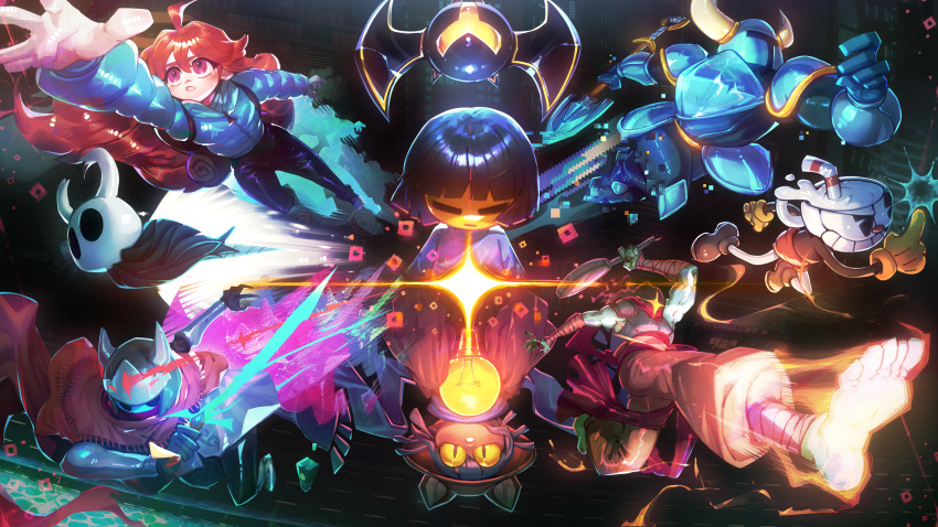 1girl, 3boys, 4others, :|, =_=, absurdres, ahoge, androgynous