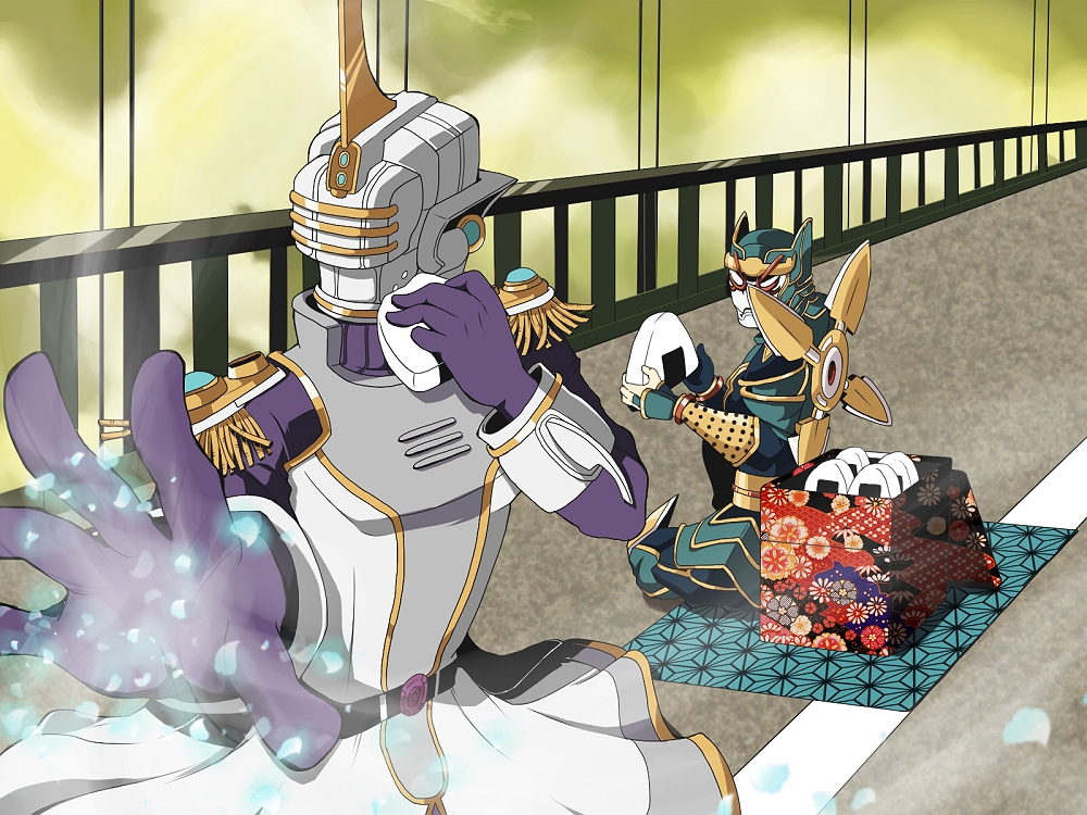 epaulettes, food, helmet, katana, male, multiple_boys, nemudaru, onigiri