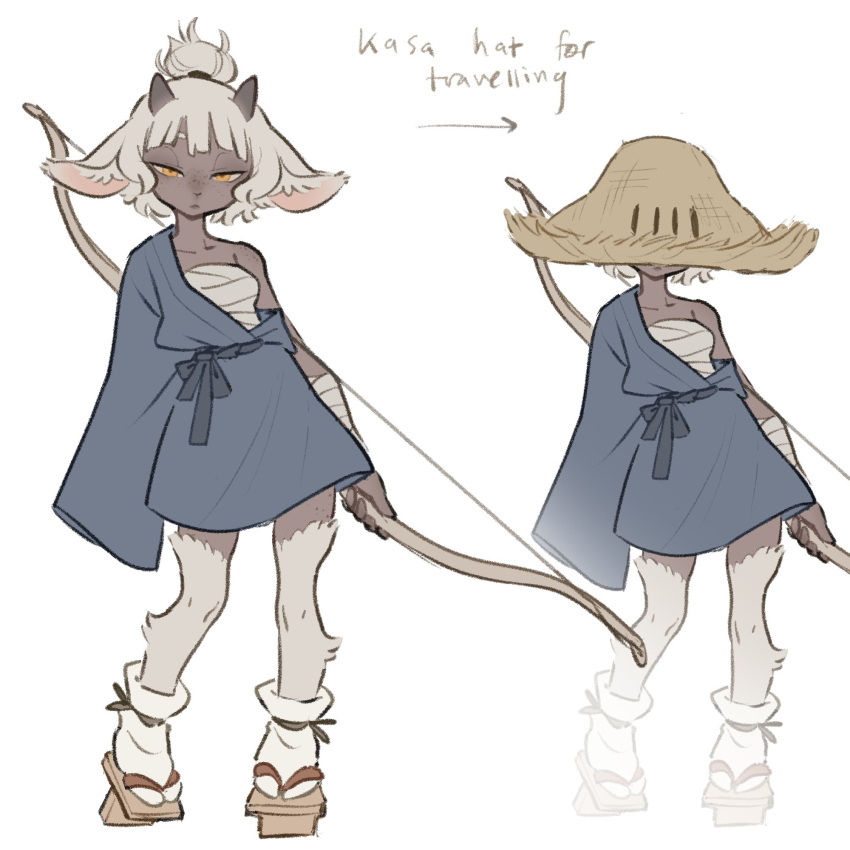 animal_ears, arm_wrap, body_fur, bow_(weapon), chest_sarashi, commentary, english_commentary, furry