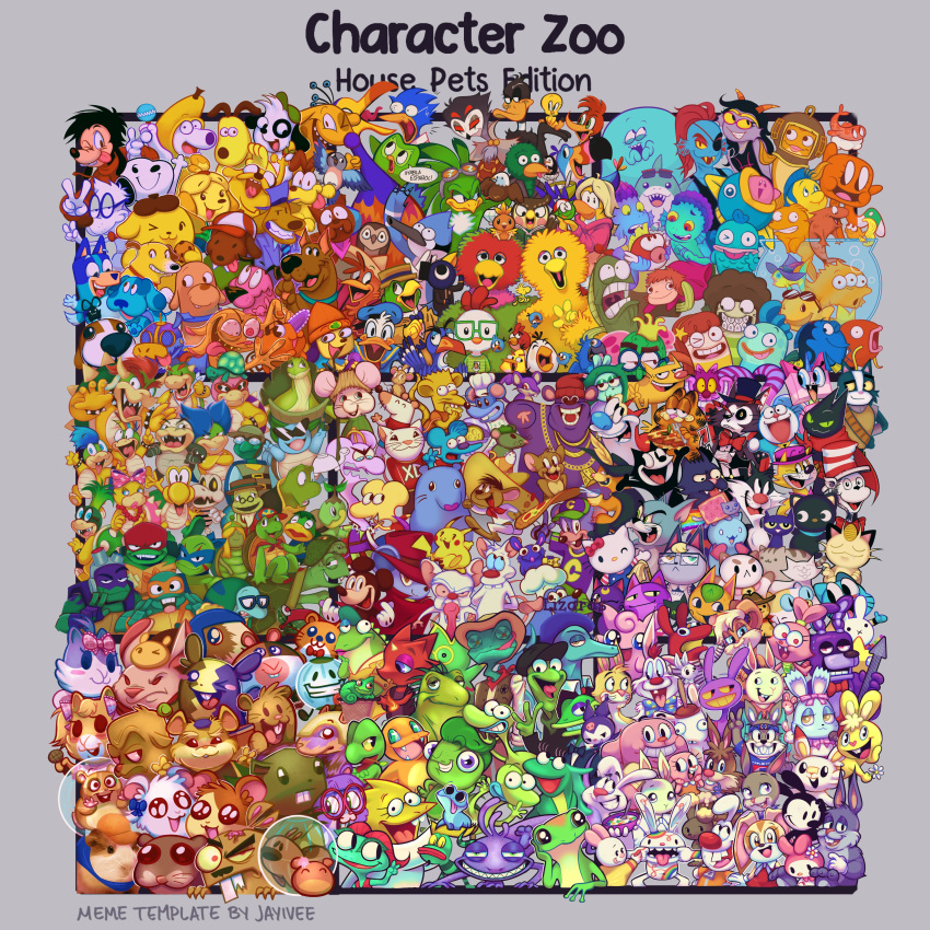 a_goofy_movie, absolutely_everyone, absurdres, adventure_time, bee_and_puppycat, bird, blue's_clues, blue_(blue's_clues), bluey, bluey_heeler, bonnie_(fnaf), brian_griffin, catdog, catdog_(catdog), chainsaw_man, character_request, copyright_request, courage_(character), courage_the_cowardly_dog, darwin_watterson, dog, don't_hug_me_i'm_scared, doraemon, doraemon_(character), dory_(finding_nemo), duck_(dhmis), everyone, finding_nemo, fish, fish_hooks, five_nights_at_freddy's, garfield, garfield_(character), goddard_(jimmy_neutron), goof_troop, grey_background, gromit, hamster, highres, isabelle_(animal_crossing), jake_the_dog, jayivee, jerry_(tom_and_jerry), jimmy_neutron_(series), littlest_pet_shop, littlest_pet_shop_(2012), lizard, looney_tunes, luca_(pixar), luca_paguro, magikarp, martha_lorraine, martha_speaks, max_goof, meowth, mickey_mouse_&amp;_friends, mouse_(animal), mr._peabody_&amp;_sherman, mr._peabody_(mr._peabody_&amp;_sherman), nyan_cat, odie_(garfield), parappa, parappa_the_rapper, peanuts_(comic), pete_the_cat, pochita_(chainsaw_man), pokemon, pompompurin, princess_unikitty, puppycat, rabbit, ren_&amp;_stimpy, ren_hoek, sanrio, scooby-doo, scooby-doo_(character), snoopy, species_connection, the_amazing_world_of_gumball, the_cat_in_the_hat, the_cat_in_the_hat_(character), tom_(tom_and_jerry), tom_and_jerry, turtle, undertale, undyne, utdr_(toby_fox), vinnie_terrio, wallace_&amp;_gromit