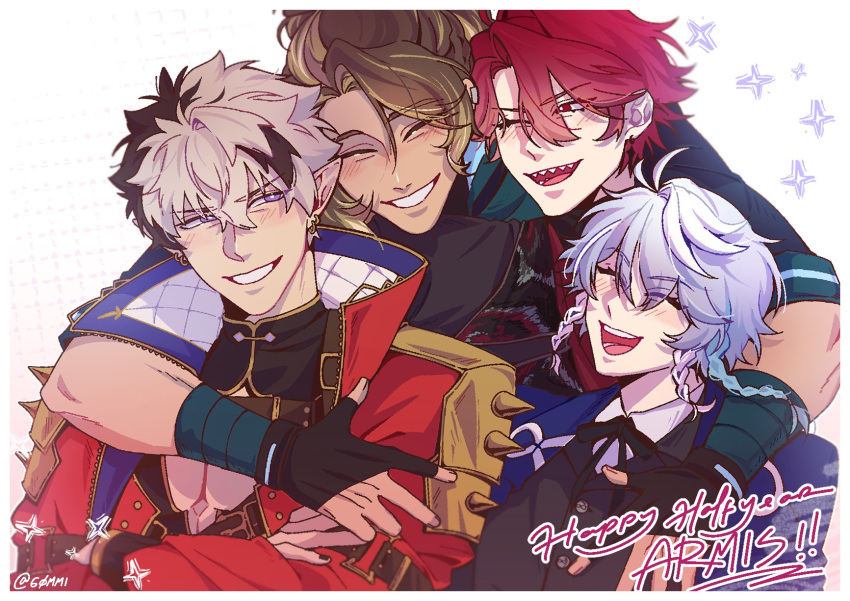 4boys, antenna_hair, arm_around_shoulder, arm_belt, belt, black_bow, black_bowtie, black_gloves, black_jacket, black_shirt, blue_hair, blush, bow, bowtie, braid, brown_belt, brown_hair, buttons, cleavage_cutout, closed_eyes, clothing_cutout, collared_jacket, collared_shirt, crimzon_ruze, crossed_arms, dark-skinned_male, dark_skin, ear_piercing, earrings, english_text, fingerless_gloves, four-pointed_star, g0mmi, gloves, goldbullet, grin, happy, happy_anniversary, high_collar, highres, holoarmis, holostars, holostars_english, hug, hug_from_behind, jacket, jewelry, jurard_t_rexford, long_hair, looking_at_another, male_focus, multicolored_hair, multiple_belts, multiple_boys, multiple_braids, octavio, one_eye_closed, pectoral_cleavage, pectorals, piercing, pointy_ears, red_eyes, red_hair, red_jacket, sharp_teeth, shirt, short_hair, shoulder_spikes, smile, spikes, streaked_hair, teeth, tri_braids, two-tone_hair, upper_body, violet_eyes, virtual_youtuber, white_background, white_shirt
