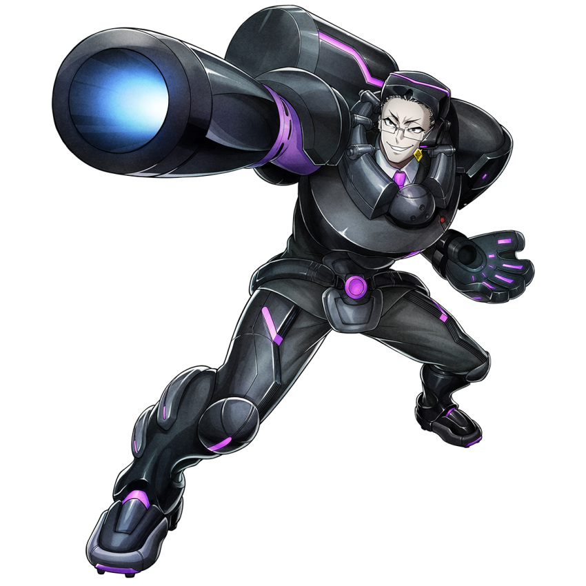 1boy, arm_cannon, black_eyes, collared_shirt, earrings, full_body, glasses, gotanda_yutaka