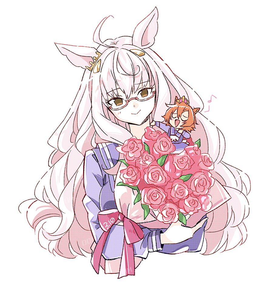 2girls, ahoge, animal_ears, biwa_hayahide_(umamusume), blush, bouquet, bow, bowtie