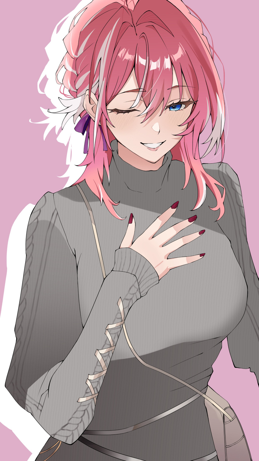 1girl, absurdres, alternate_costume, bag, blue_eyes, braid, breasts, commentary_request, grey_shirt, hand_on_own_chest, handbag, highres, hololive, long_sleeves, looking_at_viewer, one_eye_closed, oru_0653, parted_lips, pink_background, pink_hair, purple_nails, shirt, short_hair, simple_background, smile, solo, takane_lui, turtleneck, upper_body, virtual_youtuber