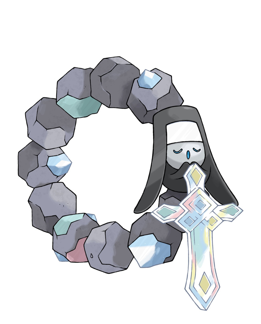 closed_eyes, cross, fakemon, greg_andrade, highres, no_humans, nun_headdress, open_mouth