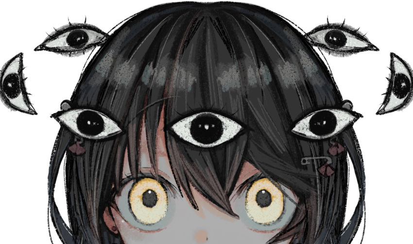 1boy, black_hair, close-up, commentary, disembodied_eye, hair_between_eyes, highres, l3memc358, looking_at_viewer, male_focus, mashiro_meme, mashiro_meme_(1st_costume), nijisanji, safety_pin_hair_ornament, short_hair, simple_background, solo, untranslatable_commentary, virtual_youtuber, white_background, yellow_eyes