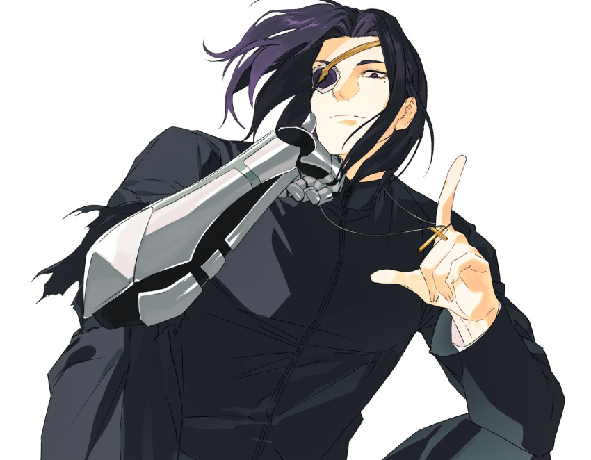 1boy, commentary_request, cross, cross_necklace, cyborg, eyepatch, fate/strange_fake, fate_(series), floating_hair, from_below, hansa_cervantes, head_rest, highres, jewelry, korean_commentary, looking_at_viewer, looking_down, male_focus, mechanical_arms, medium_hair, necklace, onyajj, purple_hair, simple_background, smile, solo, squatting, violet_eyes, white_background, wind
